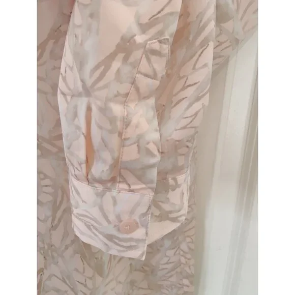 Chico's Peach Gray Satin Abstract Butterfly LS Roll-Tab Button-Up Top 2 (L/12) - Picture 4 of 9